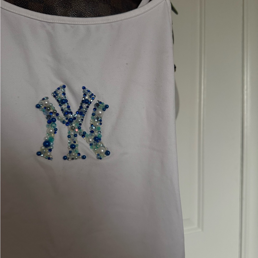 White Tank Top with Beaded Yankee Logo